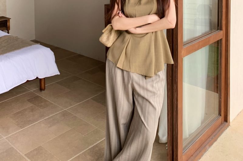 Round Neck Sleeveless Pleated Top with Pinstriped Wide Leg Pants Set