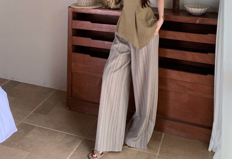 Round Neck Sleeveless Pleated Top with Pinstriped Wide Leg Pants Set