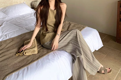 Round Neck Sleeveless Pleated Top with Pinstriped Wide Leg Pants Set