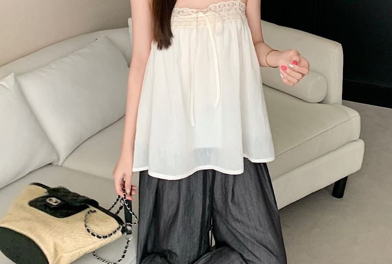 Spaghetti Strap Square Neck Lace Trim Camisole Top