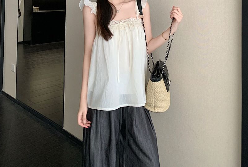 Spaghetti Strap Square Neck Lace Trim Camisole Top