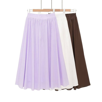 High Waist Plain Midi A-Line Skirt