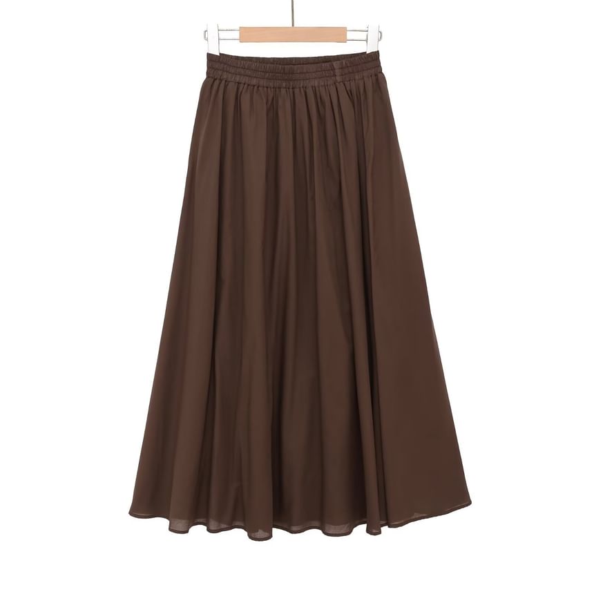 High Waist Plain Midi A-Line Skirt