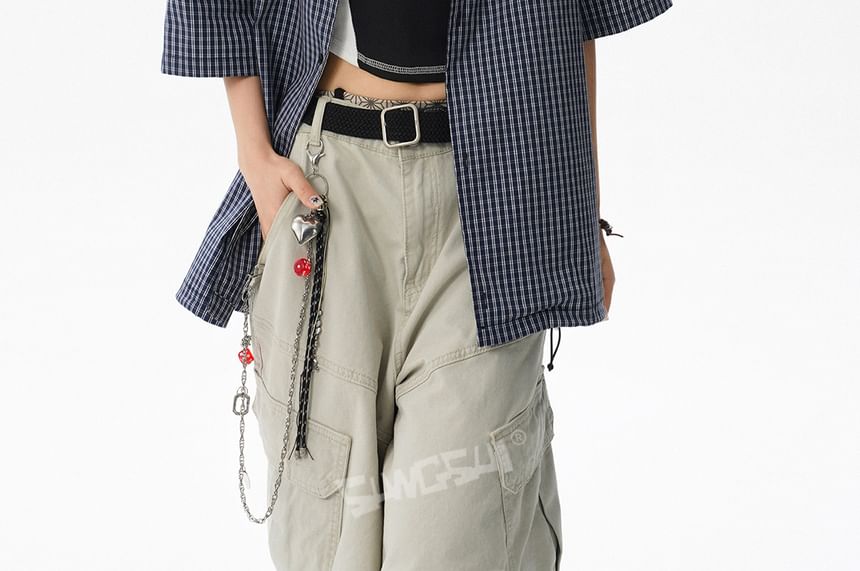 Oversized Plaid Collared Short Sleeve Shirt