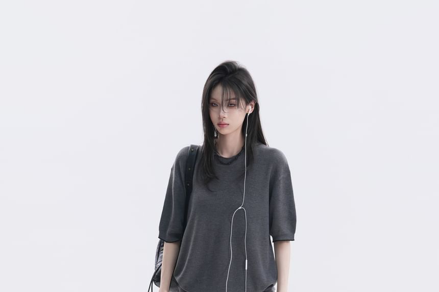 Oversized Plain Crew Neck Knit Top with Elbow Sleeves