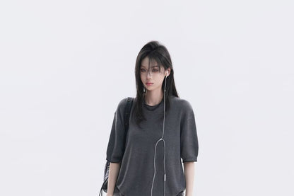 Oversized Plain Crew Neck Knit Top with Elbow Sleeves