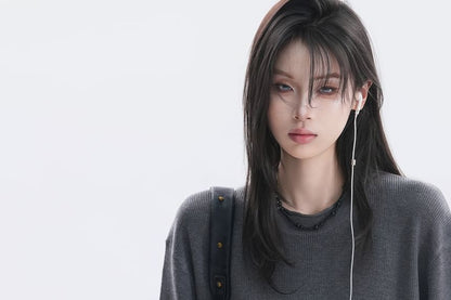 Oversized Plain Crew Neck Knit Top with Elbow Sleeves
