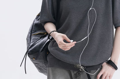 Oversized Plain Crew Neck Knit Top with Elbow Sleeves