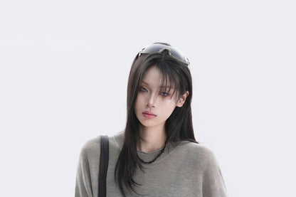 Oversized Plain Crew Neck Knit Top with Elbow Sleeves