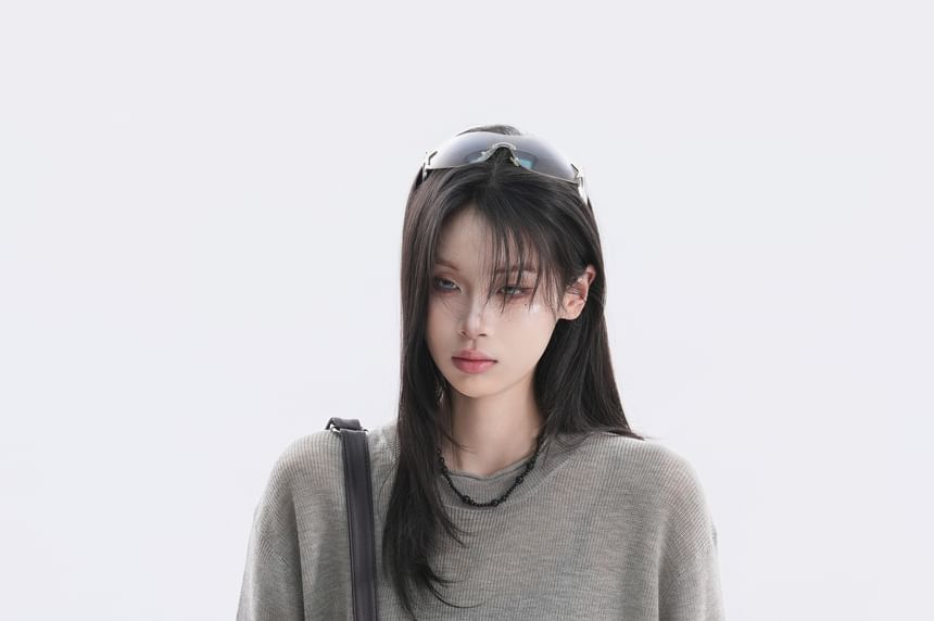 Oversized Plain Crew Neck Knit Top with Elbow Sleeves