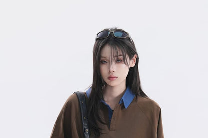 Oversized Two Tone Collared Polo Shirt with Elbow Sleeves