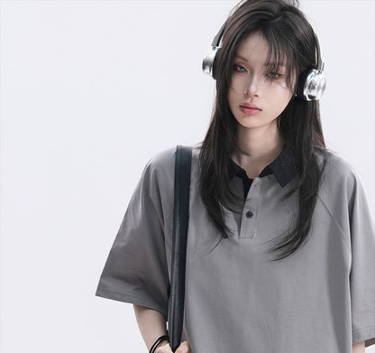 Oversized Two Tone Collared Polo Shirt with Elbow Sleeves