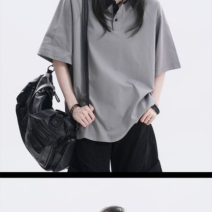 Oversized Two Tone Collared Polo Shirt with Elbow Sleeves