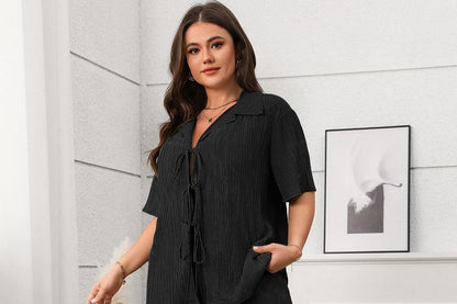 Plus Size V-Neck Blouse with Wide Leg Pants Set