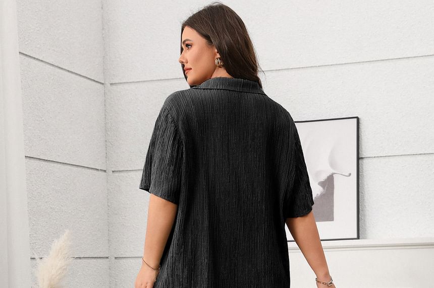 Plus Size V-Neck Blouse with Wide Leg Pants Set