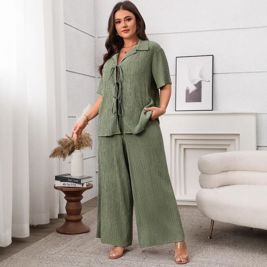 Plus Size V-Neck Blouse with Wide Leg Pants Set