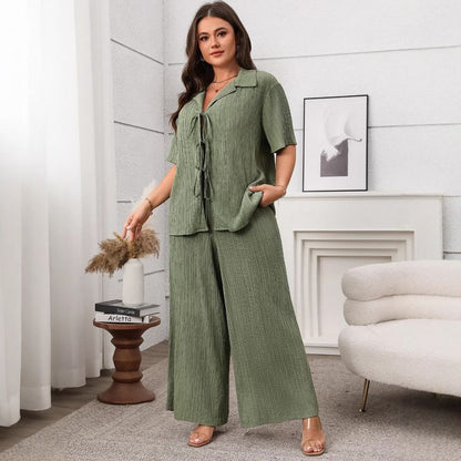 Plus Size V-Neck Blouse with Wide Leg Pants Set