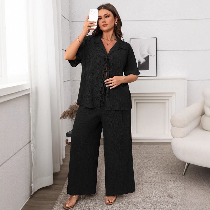 Plus Size V-Neck Blouse with Wide Leg Pants Set