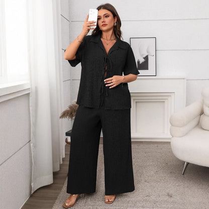 Plus Size V-Neck Blouse with Wide Leg Pants Set