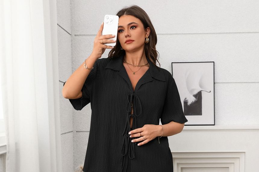 Plus Size V-Neck Blouse with Wide Leg Pants Set