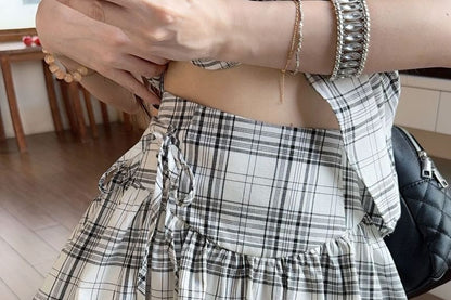 Set: Mock Neck Plaid Bow Halter Top with High Waist Mini Skirt