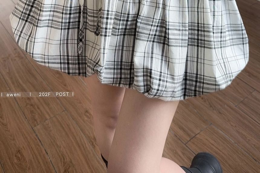 Set: Mock Neck Plaid Bow Halter Top with High Waist Mini Skirt
