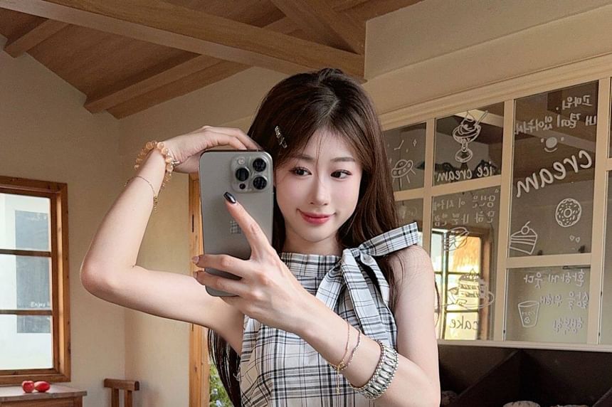 Set: Mock Neck Plaid Bow Halter Top with High Waist Mini Skirt