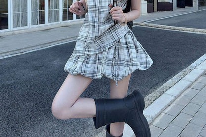 Set: Mock Neck Plaid Bow Halter Top with High Waist Mini Skirt