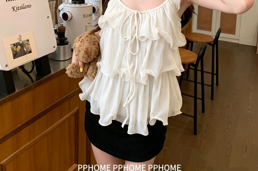 Puff Sleeve Scoop Neck Ruffle Blouse