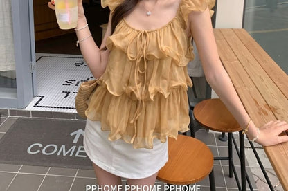 Puff Sleeve Scoop Neck Ruffle Blouse