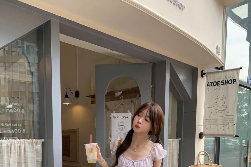 Puff Sleeve Scoop Neck Ruffle Blouse