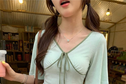 V-Neck Short Sleeve Contrast Trim Bow T-Shirt