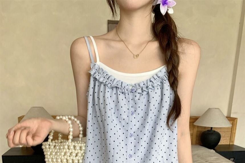 Set: Solid Camisole and Polka Dot Ruffle Camisole Top