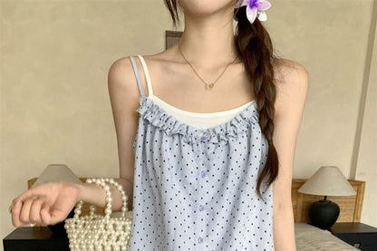 Set: Solid Camisole and Polka Dot Ruffle Camisole Top