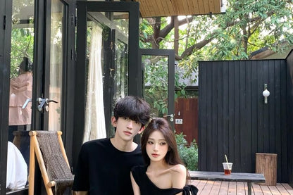 Matching Crew Neck T-Shirt and One-Shoulder Dress Set
