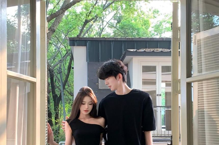 Matching Crew Neck T-Shirt and One-Shoulder Dress Set