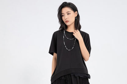 Round Neck Short Sleeve Asymmetric Panel Lace T-Shirt