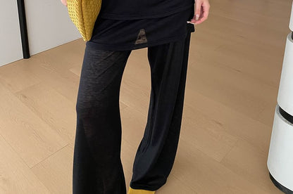 Set: Sleeveless Scoop Neck Knit Top + Flared Mid Rise Pants