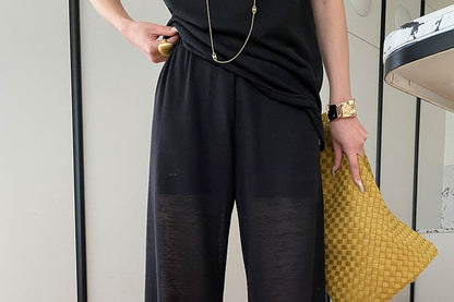 Set: Sleeveless Scoop Neck Knit Top + Flared Mid Rise Pants