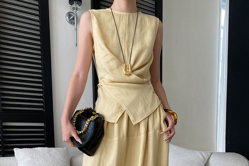 Crew Neck Sleeveless Solid Wrap Top and Midi A-Line Skirt Set