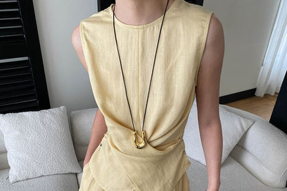 Crew Neck Sleeveless Solid Wrap Top and Midi A-Line Skirt Set
