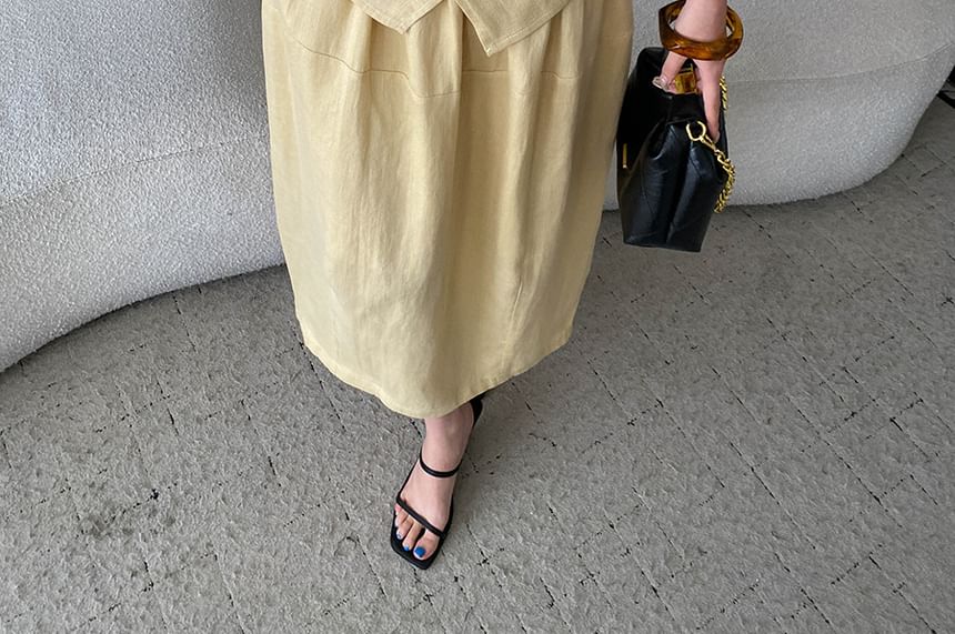 Crew Neck Sleeveless Solid Wrap Top and Midi A-Line Skirt Set