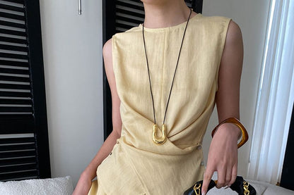 Crew Neck Sleeveless Solid Wrap Top and Midi A-Line Skirt Set