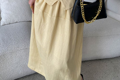 Crew Neck Sleeveless Solid Wrap Top and Midi A-Line Skirt Set