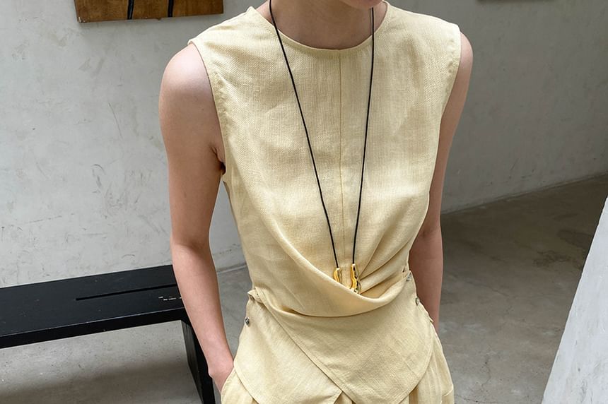 Crew Neck Sleeveless Solid Wrap Top and Midi A-Line Skirt Set