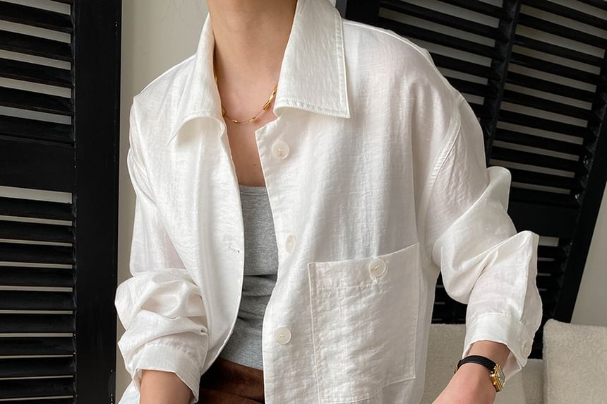 Collared Plain Button-Up Shirt Jacket