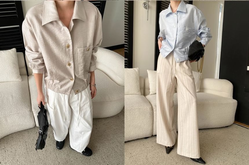 Collared Plain Button-Up Shirt Jacket