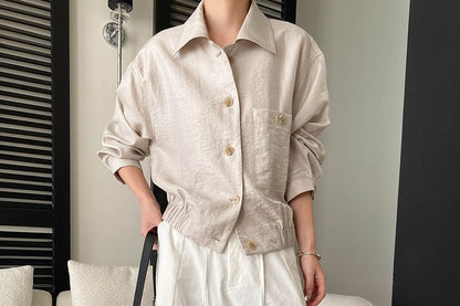 Collared Plain Button-Up Shirt Jacket