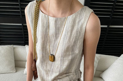 Scoop Neck Sleeveless Striped Top with Drawstring Wide Leg Pants