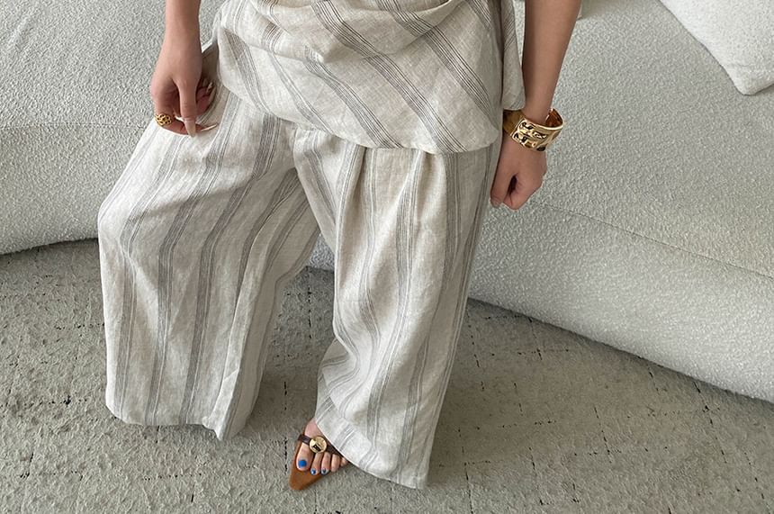 Scoop Neck Sleeveless Striped Top with Drawstring Wide Leg Pants